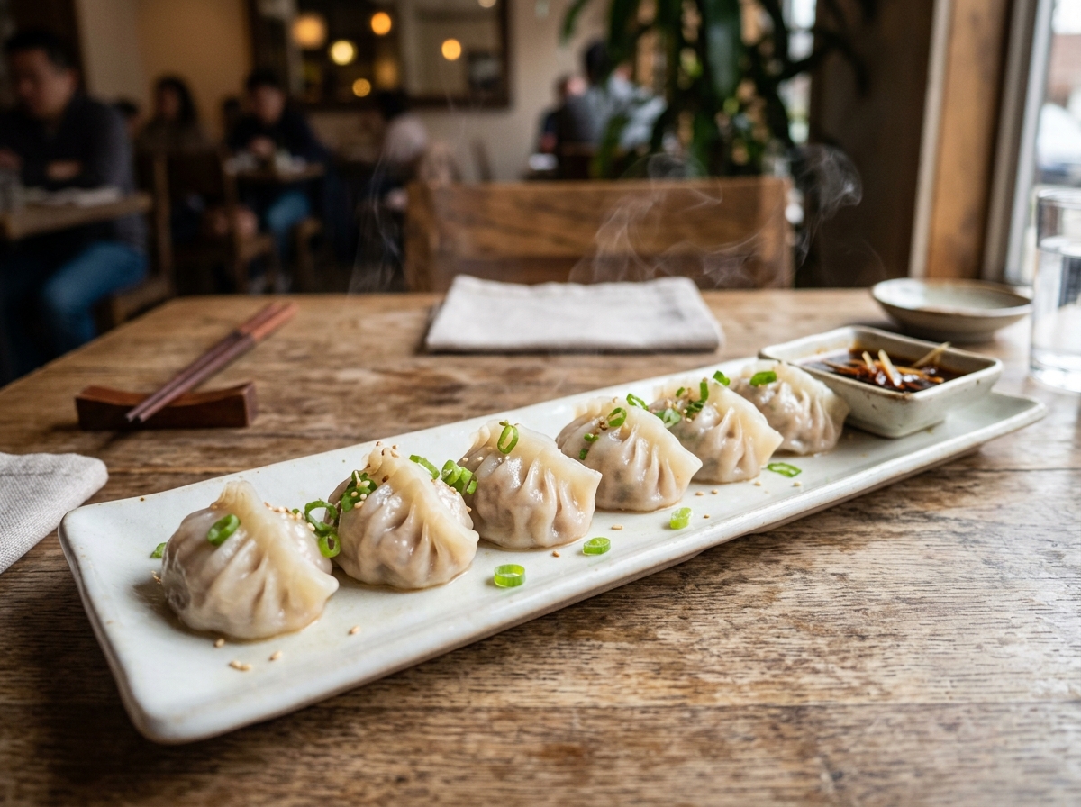 6 pieces of Steamed Pork Dumplings served on a white ceramic platter with dipping sauce